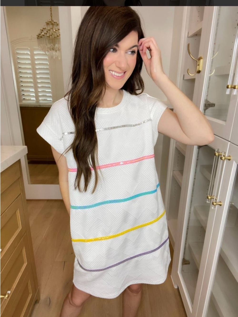 Entro White Textured Shift Dress with Pastel Sequin Stripe Accents - Picture 3 of 7